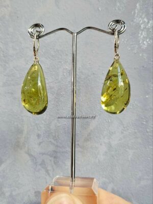 Orecchini di ​Ambra Colombiana Verde 100% Naturale in argento 925 a goccia - 1abv